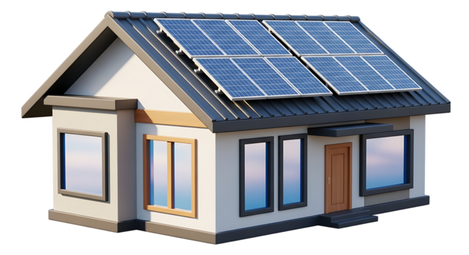 A small house with solar panels on the roof and a brown door and windows on a black background