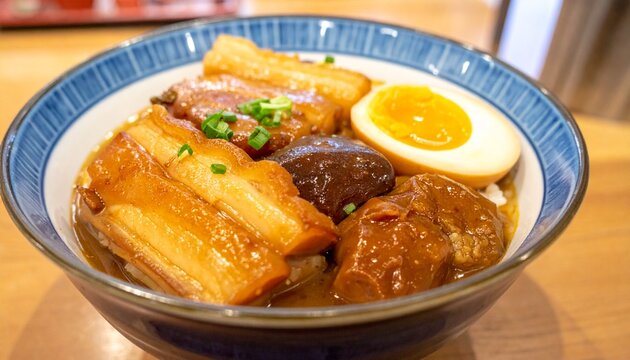丼に美しく盛り付けられたつやつやの豚の角煮と半熟の煮卵が食欲をそそる