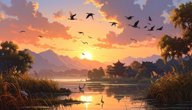 A serene landscape at dusk features a lake reflecting the warm glow of the setting sun, birds flying - Powered by Adobe