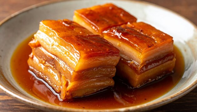 飴色の照りがある甘辛いタレがたっぷりかかった豚の角煮がお皿に並んでいる