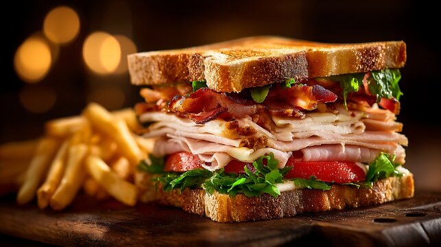 Delicious stacked club sandwich with crispy french fries and bokeh lights.
