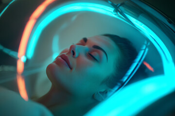 Woman Relaxing in a Futuristic Hyperbaric Oxygen Therapy Chamber in Advanced Medical Clinic, Longevity Technology in Health and Wellness Industry