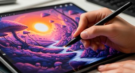 Digital artist drawing a fantastic surreal landscape on a tablet