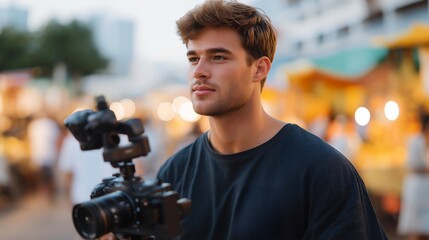 A travel vlogger walking through a busy market with a compact gimbal-mounted camera, capturing stable footage while colorful stalls and crowds blur dynamically in the background — content creation,