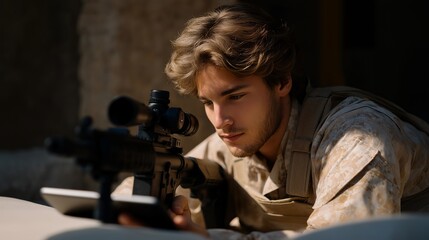 A precision shooting specialist in controlled indoor conditions, practicing calm breathing and measured focus while analyzing biometric data on a nearby tablet — elite marksmanship training, mental