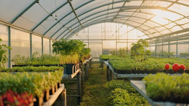 Greenhouse Interior with Rows of Seedlings and Plants Bathed in Golden Sunlight healthy perfectly