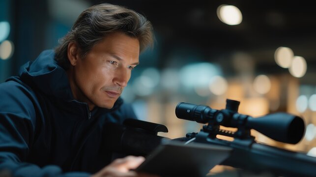 A precision shooting specialist in controlled indoor conditions, practicing calm breathing and measured focus while analyzing biometric data on a nearby tablet — elite marksmanship training, mental