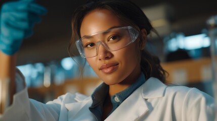 A science teacher demonstrating safe lab practices with goggles, gloves, and clear instructions — hazard prevention, responsible STEM learning, and safe educational environment. cinematic color