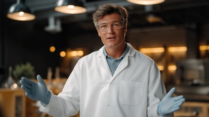 A science teacher demonstrating safe lab practices with goggles, gloves, and clear instructions — hazard prevention, responsible STEM learning, and safe educational environment. cinematic color