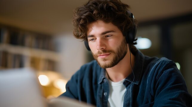 A professional revisiting foundational skills through an online course, headphones on and digital notes open, representing adult education, career growth, and lifelong learning motivation.