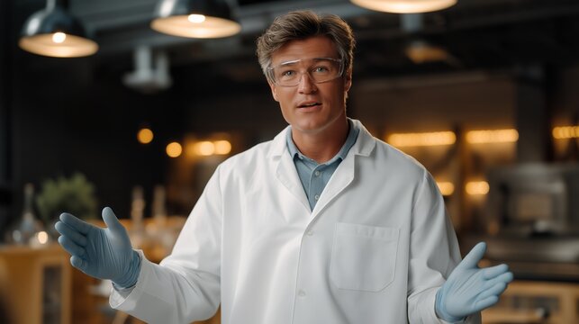 A science teacher demonstrating safe lab practices with goggles, gloves, and clear instructions — hazard prevention, responsible STEM learning, and safe educational environment. cinematic color