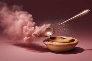 Traditional, Portugal food, Pastel de Nata, custard tarts, golden, flaky cream puffs with caramelized tops. The image conveys fantasy, indulgence, and playful charm.