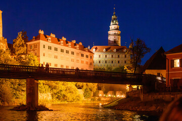Cesky Krumlov in the evening from a boat on the Vltava River