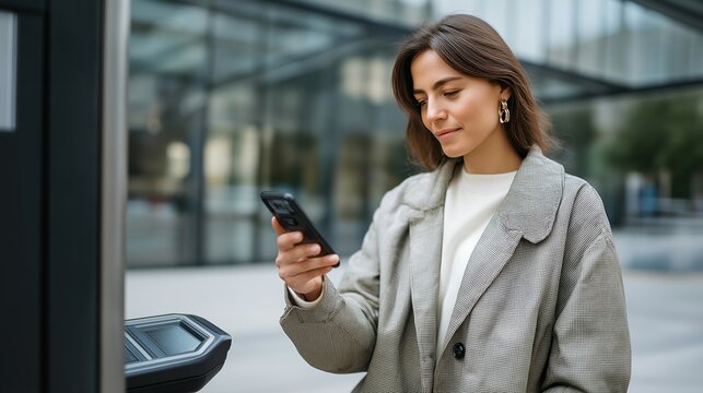 A commuter scanning a QR code on a parking meter using a smartphone app, seamless mobile payment replacing traditional coins — digital parking payments, smart city convenience, and contactless