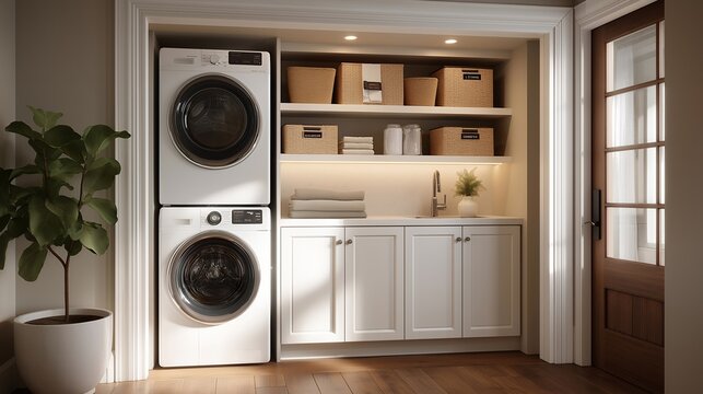 A space-efficient laundry nook tucked into a hallway closet, featuring stacked washer-dryer units and narrow shelves neatly holding labeled baskets — organized home solutions, small-space utility