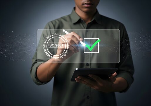 Person using stylus on tablet with iso logo and green checkmark in box on transparent screen - Powered by Adobe