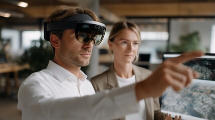 Close-up of participants manipulating holographic graphics and content layouts in a VR space, highlighting futuristic creative tools, immersive brainstorming sessions, and enhanced digital team