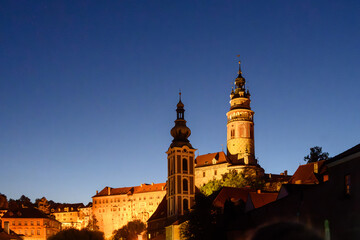 Cesky Krumlov in the evening from a boat on the Vltava River