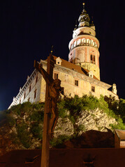 Cesky Krumlov in the evening from a boat on the Vltava River