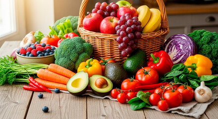A variety of fresh and colorful fruits and vegetables are laid out on a wooden table.