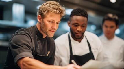A multicultural group of chefs experimenting in a test kitchen, combining spices, preparation methods, and ancestral cooking techniques into new fusion recipes — culinary innovation, global