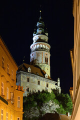 Cesky Krumlov in the evening from a boat on the Vltava River
