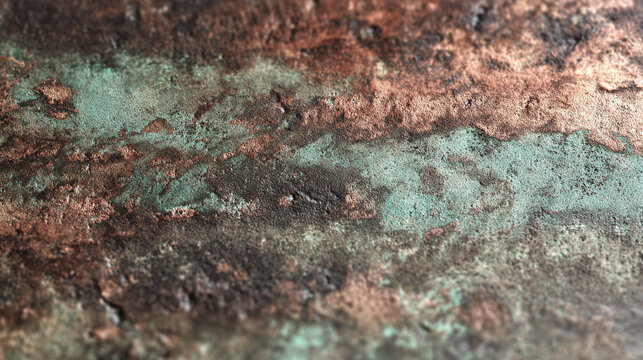 Close-up view of weathered copper texture with shades of green and brown, evoking the passage of time