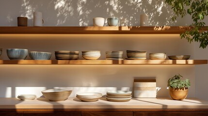A minimalist arranging freshly thrifted ceramic dishes on open kitchen shelves, each piece uniquely shaped and intentionally selected — second-hand home décor, slow living aesthetics, and