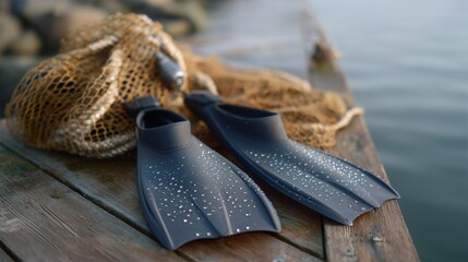 Diving fins on dock with water droplets, calm readiness before adventure; close-up in natural light beside fishing net on wooden pier by seaside at morning, lifestyle gear for snorkeling, scuba, and