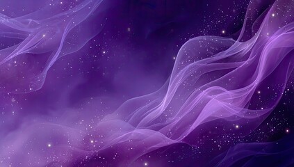 Abstract purple flowing smoke and tiny sparkling stars create a dreamy, ethereal, and cosmic feel