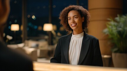 A hotel front desk staffed late at night, receptionist assisting travelers under soft lobby lighting — hospitality professionalism, overnight service culture, and guest care around the clock.