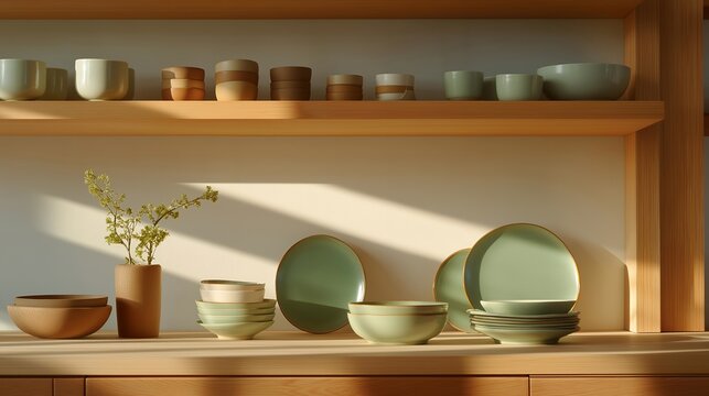 A minimalist arranging freshly thrifted ceramic dishes on open kitchen shelves, each piece uniquely shaped and intentionally selected &mdash; second-hand home d&eacute;cor, slow living aesthetics, and