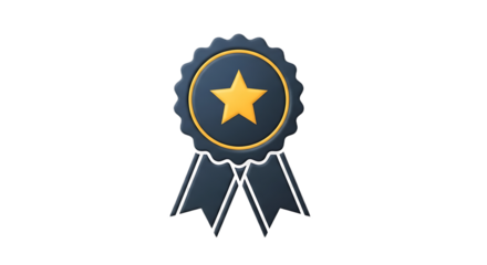 Isolated award badge with golden star and dark ribbon on black background in rendered illustration