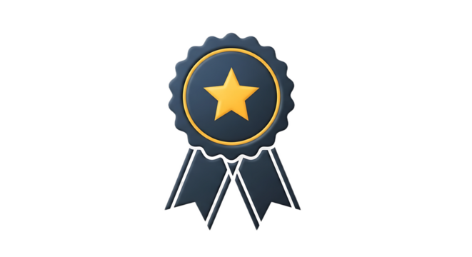 Isolated award badge with golden star and dark ribbon on black background in rendered illustration