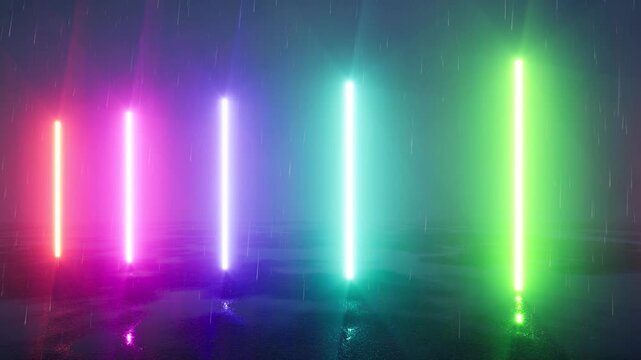 Glowing LED light strips in rainbow spectrum. Neon tubes shine with vibrant red, yellow, green, and blue hues creating colorful luminous bars on black bg 4k