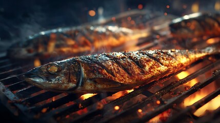 Whole fish grilling over hot coals with flames.