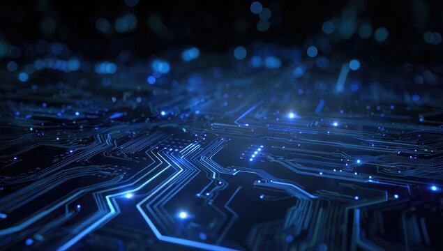 Abstract digital circuit board glowing blue with bokeh effect, futuristic visualization