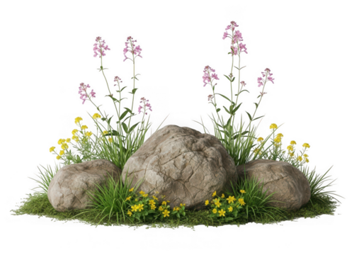 Natural rocks, lush green grass, blooming pink yellow wildflowers arranged beautifully, isolated on transparent background
