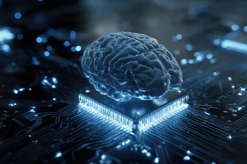 3D rendering of a human brain placed on top of a computer chip, representing AI