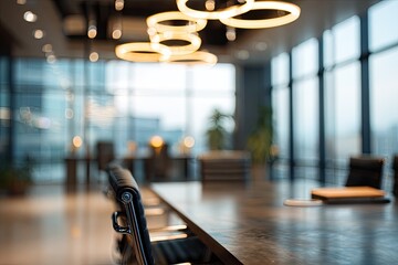 Blurry office conference room with lights, window view, table, and chairs