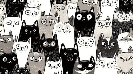 A charming array of monochrome cats, their diverse expressions and poses creating a delightful and engaging pattern, a captivating feline gathering
