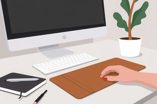 Modern workspace desk setup with computer and accessories isolated on transparent background