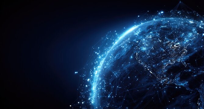 Glowing blue network connections overlay a dark planet Earth view from space