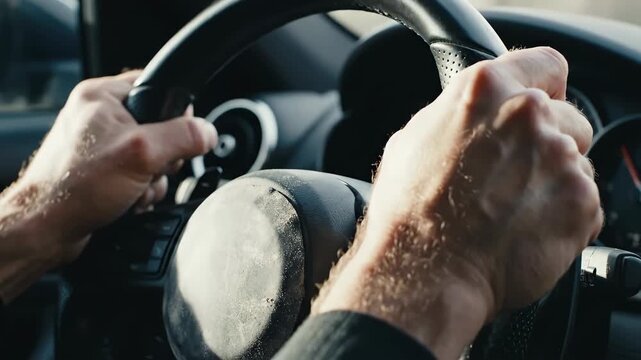 Driver steering wheel with strong hands holding it firmly and confidently. Driver steering wheel, close up on male arms and hands in motion, reflects a sense of control and power.