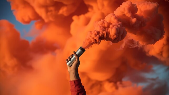 Hand holding a smoke grenade emitting a cloud of vibrant orange smoke in the air