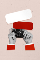 Sketch image artwork composite 3D photo collage of talk chat speech cloud dialog hand hold camera...