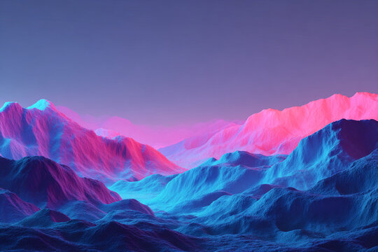 A breathtaking digital landscape reveals jagged peaks bathed in glowing neon pink and vibrant blue light under a twilight sky creating an otherworldly scene