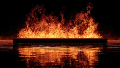 Blazing fire atop a dark platform reflects in still, dark water below