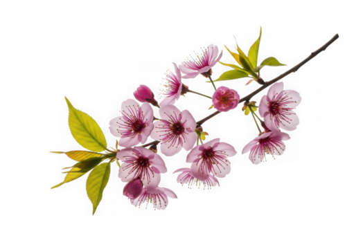 Vibrant pink cherry blossom branch fresh green leaves, blooming in springtime, isolated on transparent background