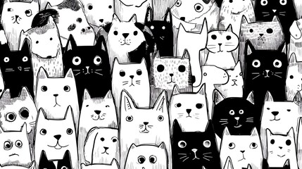 A delightful monochrome illustration showcasing a multitude of cats with distinct personalities, creating a visually appealing and heartwarming composition